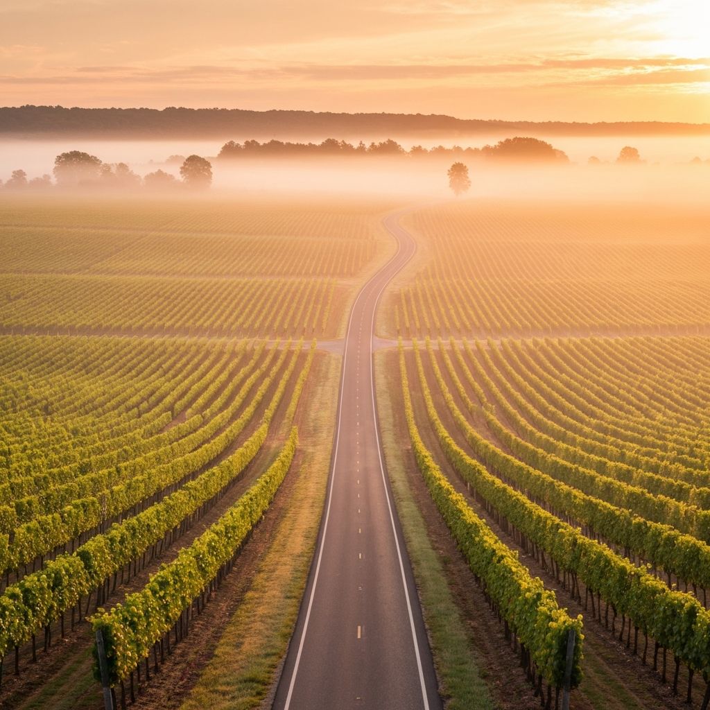 Road through vineyards at sunrise