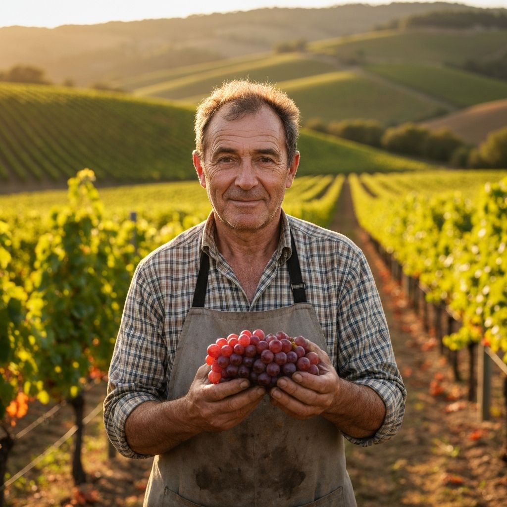Winemaker with grapes in vineyard